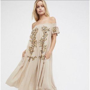 Free People The High Road Jumpsuit Off The Shoulder Bohemain Dress Beige XS